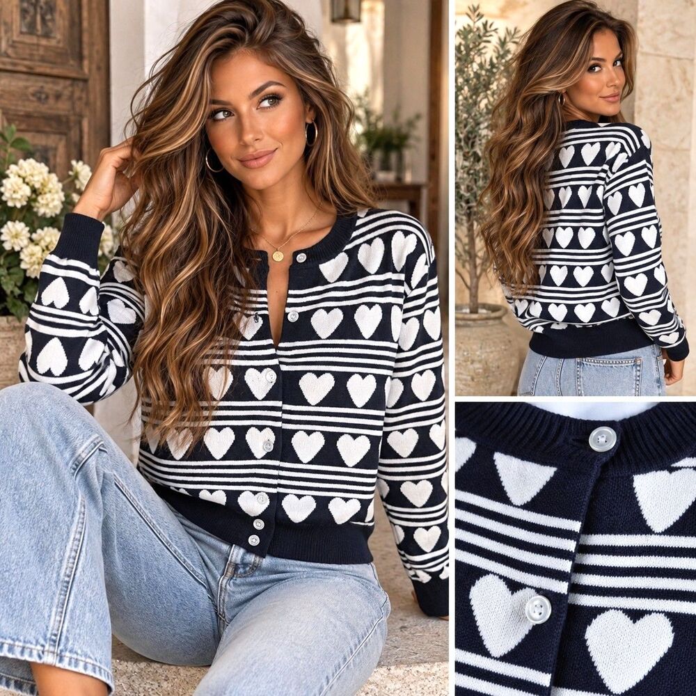 Coquette Balletcore Heart Cardigan Sz L Navy White Striped Preppy Free Assembly